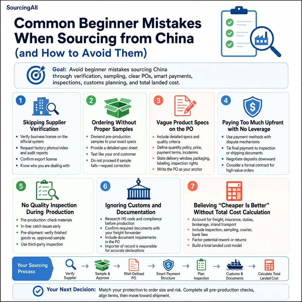 Infographic summarizing Common Beginner Mistakes When Sourcing from China (and How to Avoid Them)