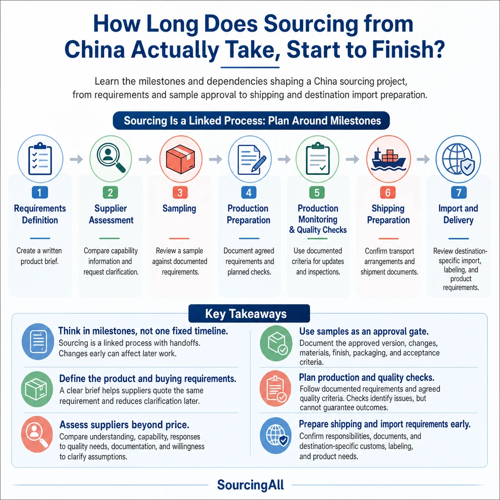 Infographic summarizing How Long Does Sourcing from China Actually Take, Start to Finish?