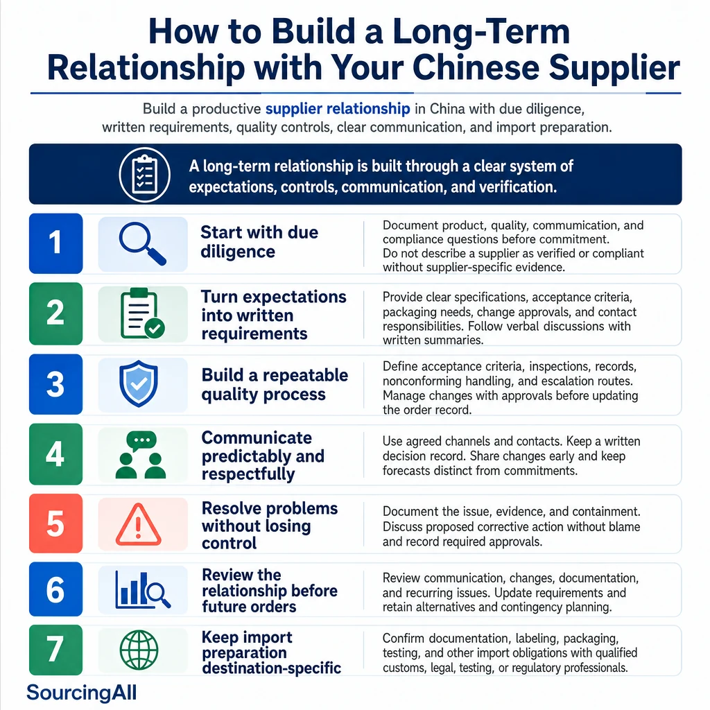 Infographic summarizing How to Build a Long-Term Relationship with Your Chinese Supplier