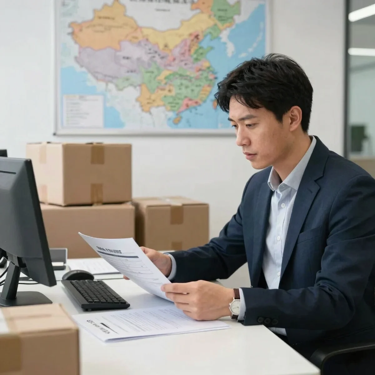 Editorial shot of a small-business owner reviewing supplier documents for China sourcing