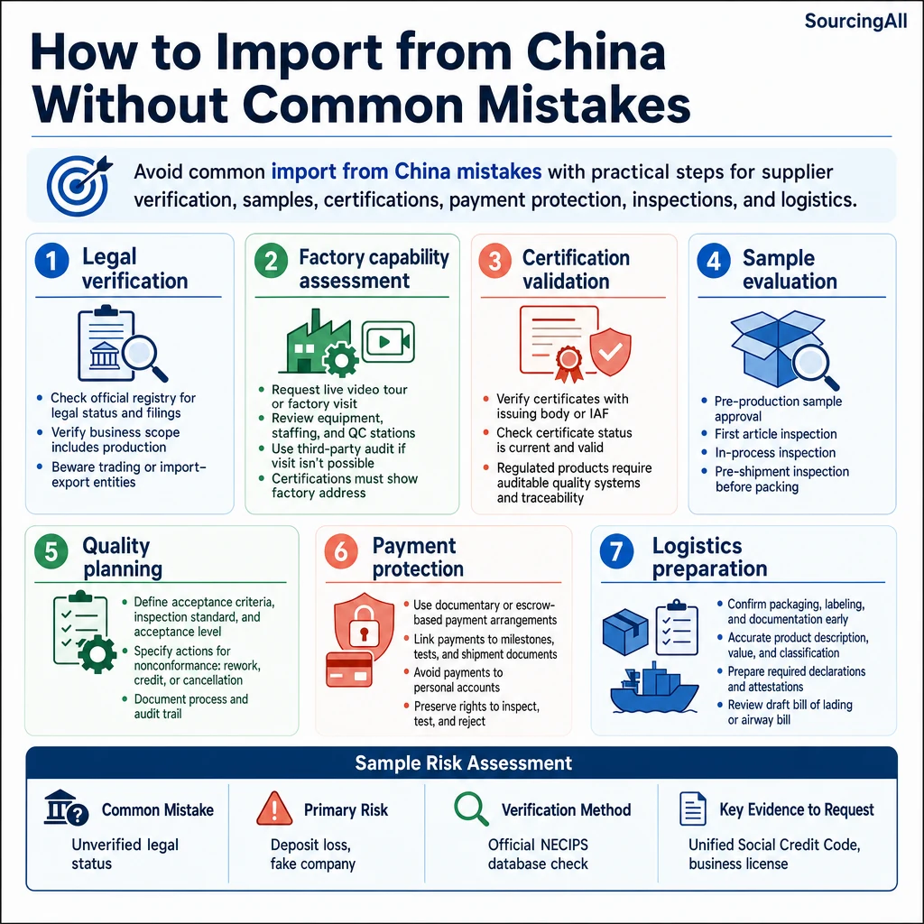 Infographic summarizing How to Import from China Without Common Mistakes