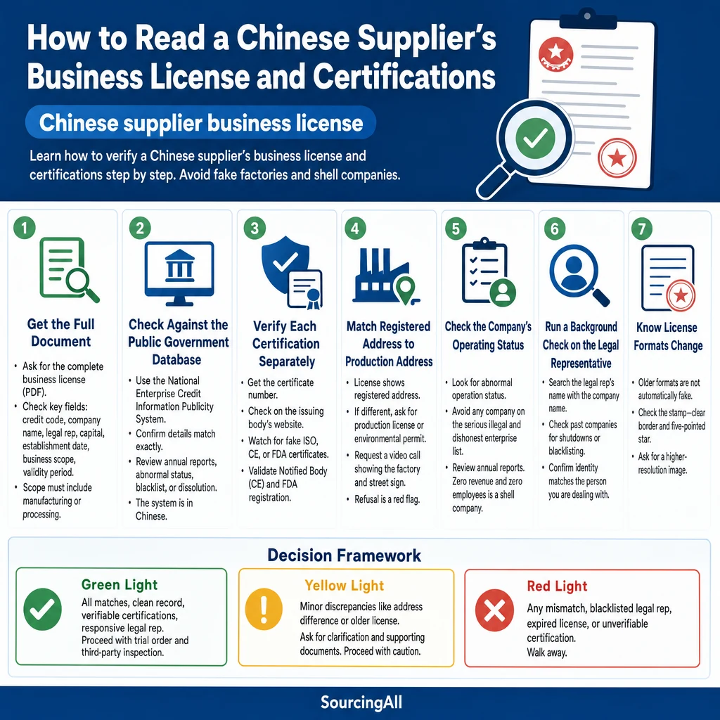 Infographic summarizing How to Read a Chinese Supplier's Business License and Certifications