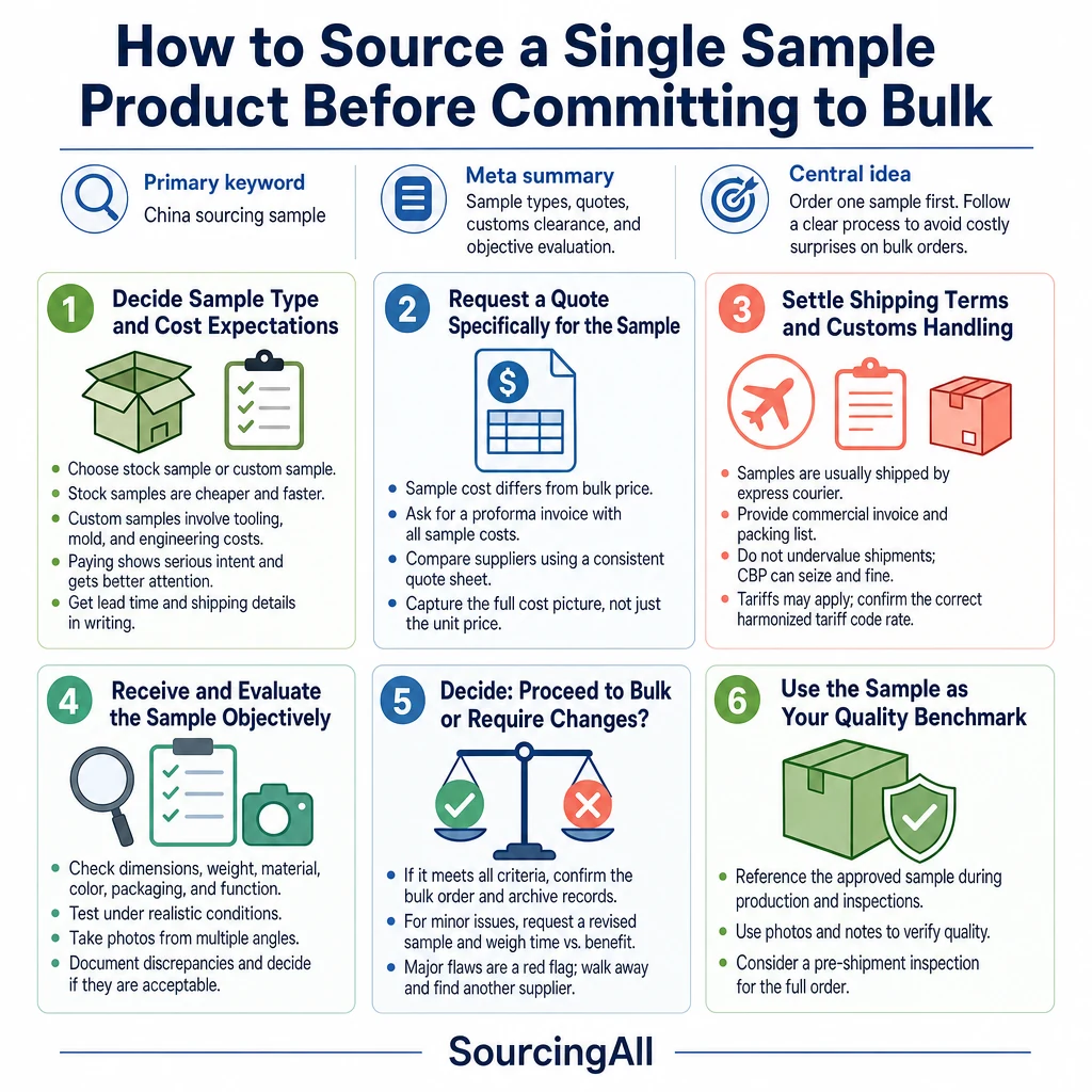Infographic summarizing How to Source a Single Sample Product Before Committing to Bulk