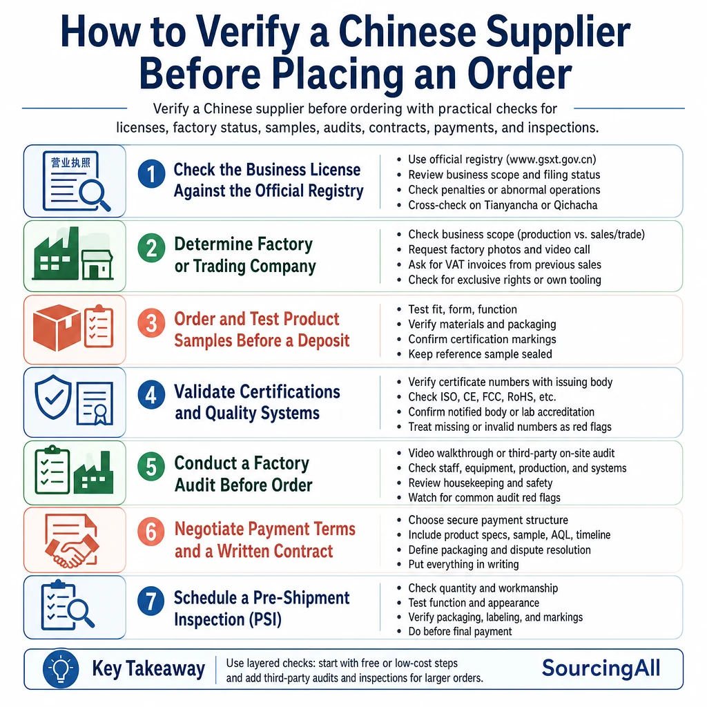 Infographic summarizing How to Verify a Chinese Supplier Before Placing an Order