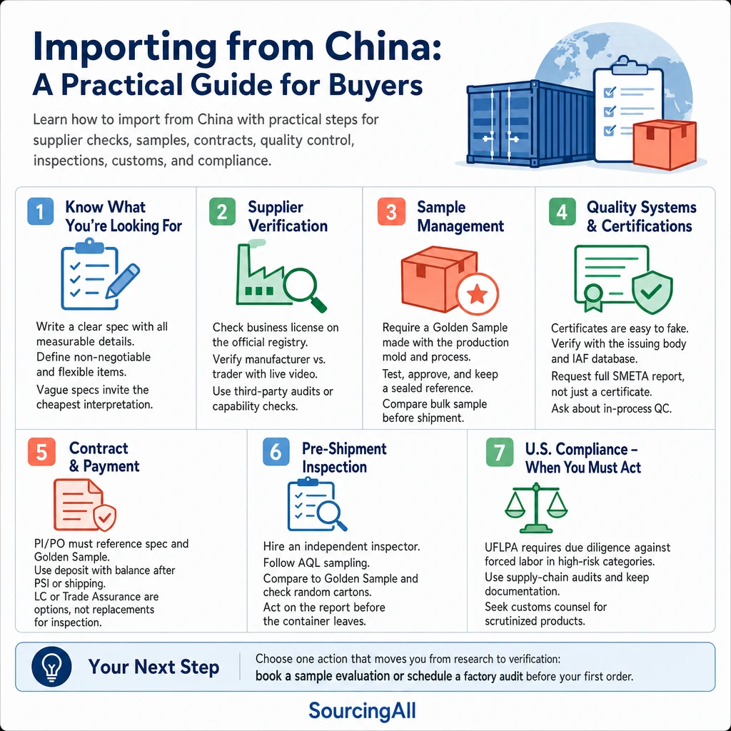 Infographic summarizing Importing from China: A Practical Guide for Buyers